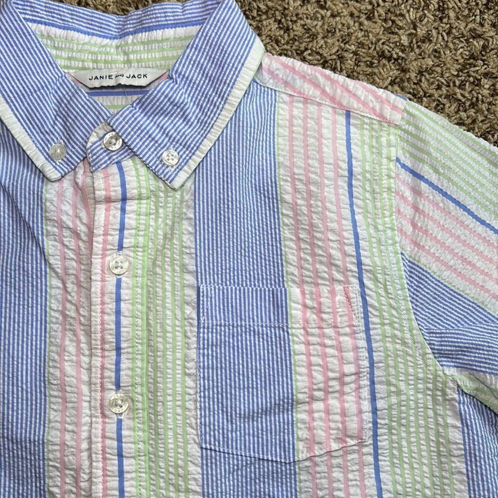 Janie and Jack Pastel Stripe Button-Down Shirt - Blue, Pink, Green, White - Picture 2 of 6